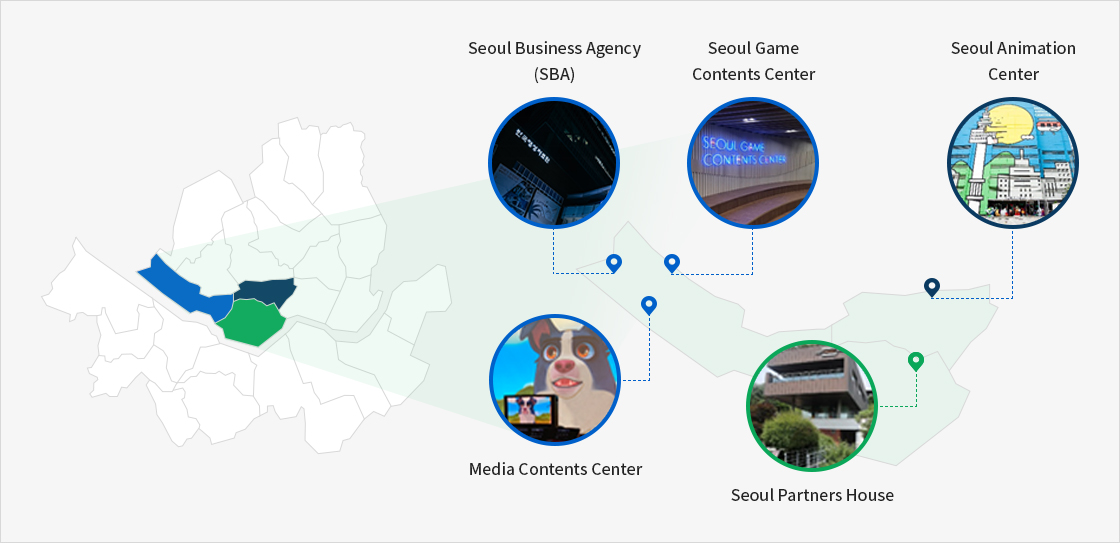 Seoul Business Agency (SBA), Seoul Game Contents Center, Seoul Animation Center, Media Contents Center, Seoul Partners House
